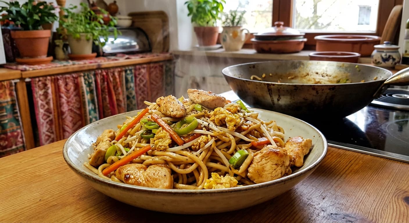 Gebratene Nudeln mit Hühnchenfleisch, Ei und Gemüse