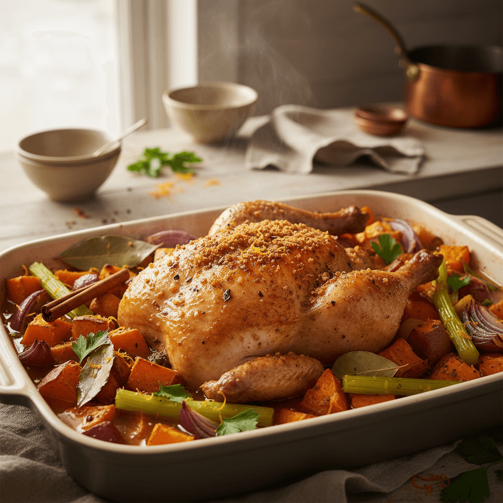 Brathähnchen mit Süßkartoffeln und Butternut-Kürbis