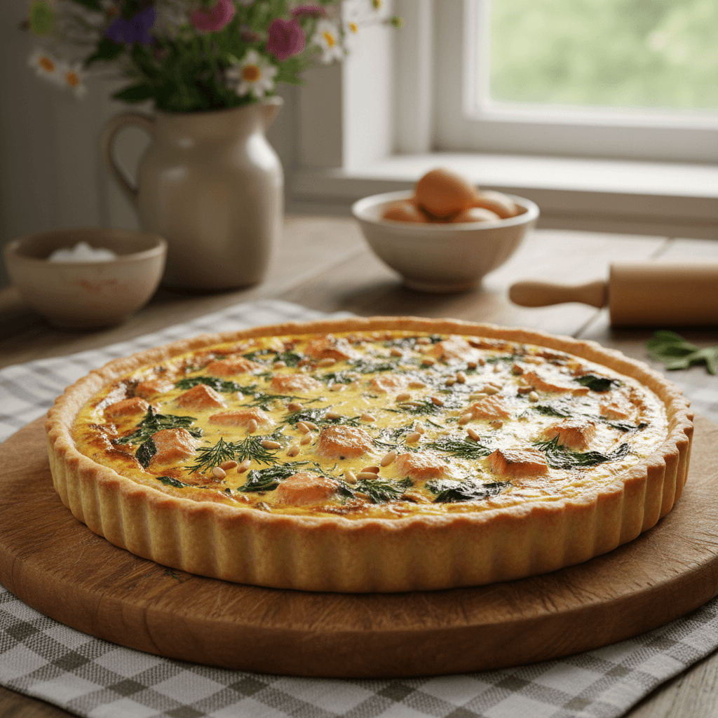 Quiche mit Lachs, Spinat und Pinienkernen