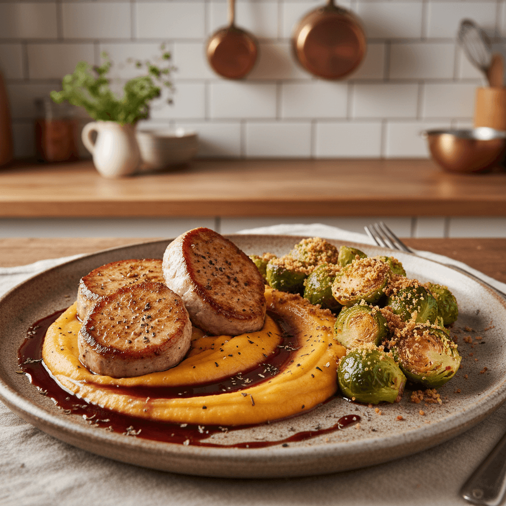 Schweinefilet auf Süßkartoffelpüree mit Lebkuchenjus und Rosenkohl