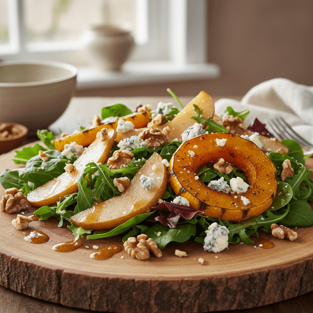 Salat mit Kürbis, Birne, Blauschimmelkäse und Walnüssen