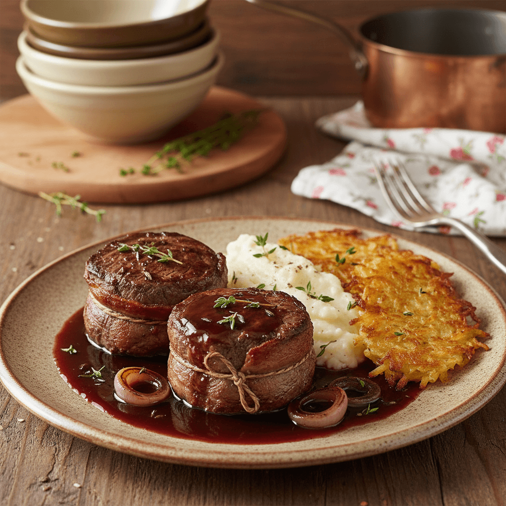 Rinderfilet in Rotweinsoße mit Selleriepüree und Rösti