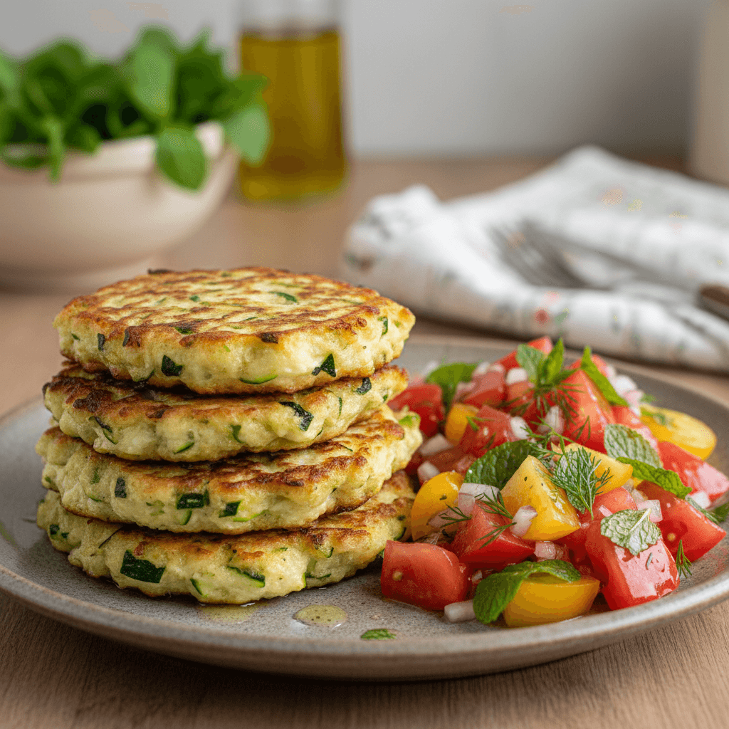 Zucchini-Ricotta-Puffer mit Tomatensalat