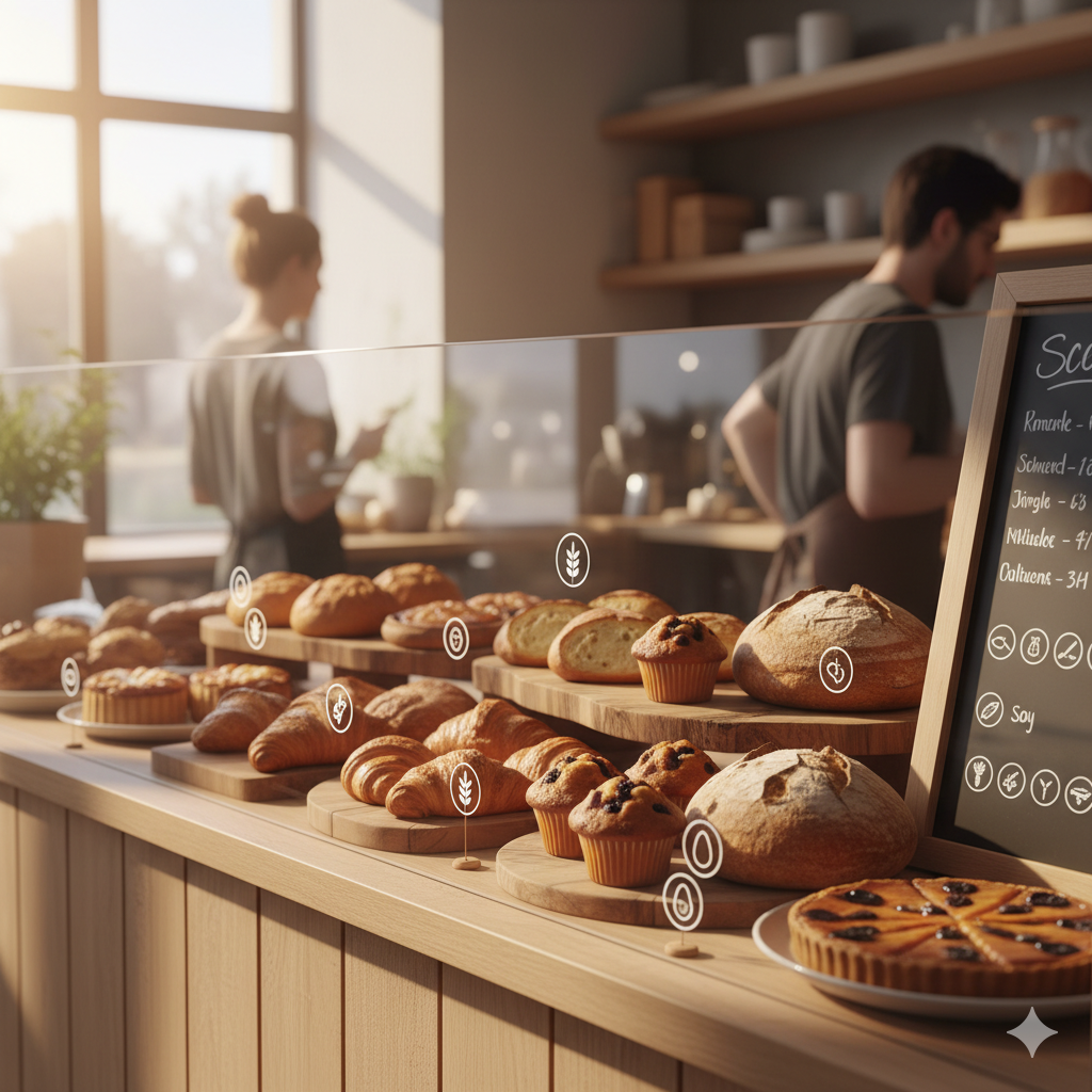 Bäckerei-Theke mit sichtbaren Allergen-Symbolen neben den Produkten