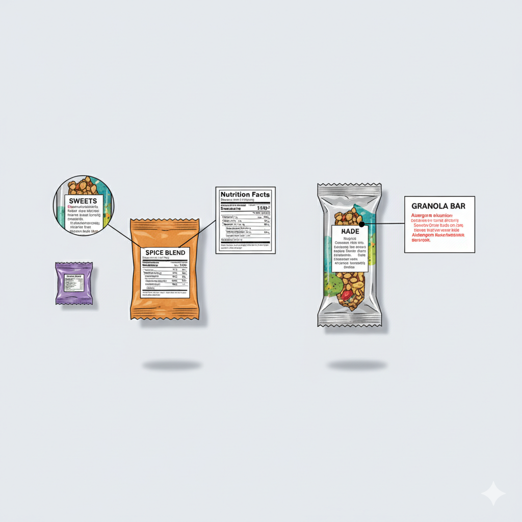 Flat-lay eines Lebensmitteletiketts mit Nährwerttabelle, Zutatenliste und Allergenkennzeichnung