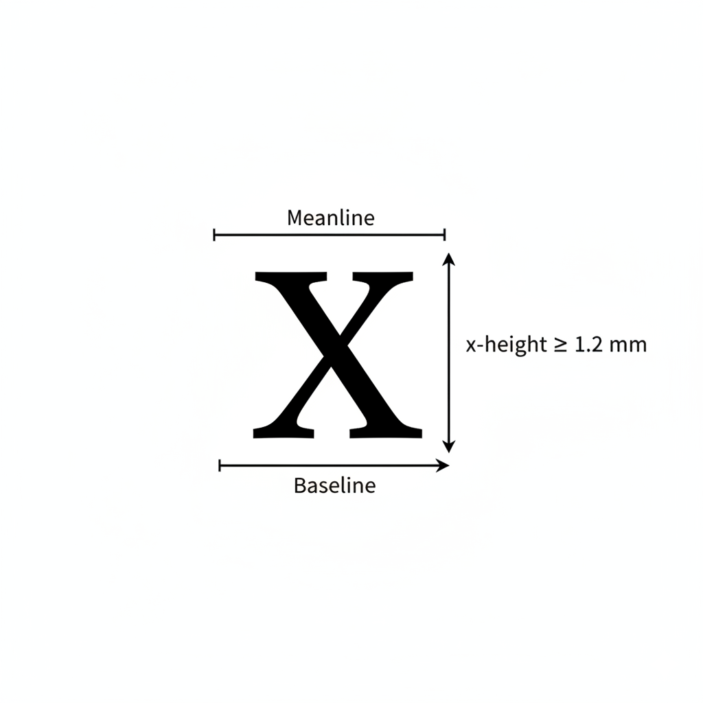 Diagramm der x-Höhe: Buchstabe x mit Grundlinie, Mittellinie und Maßpfeil (≥ 1,2 mm)