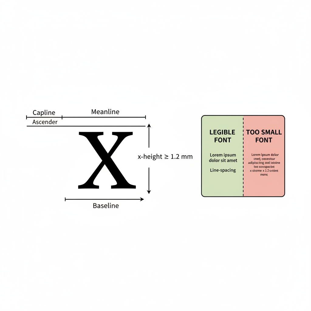 Technische Illustration der x-Höhe mit Grundlinie, Mittellinie und Vergleich lesbarer vs. zu kleiner Schrift